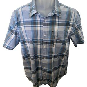 QUIKSILVER Blue & Gray Plaid Short Sleeve Button Up Shirt Men L Large